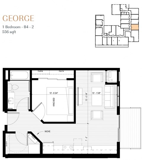 Floor plan for 1 bed, 1 bath, 556 sqft